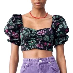 Zara Purple Floral Puffy Sleeve Heartshape Neckline Elastic Back Crop Top NWOT